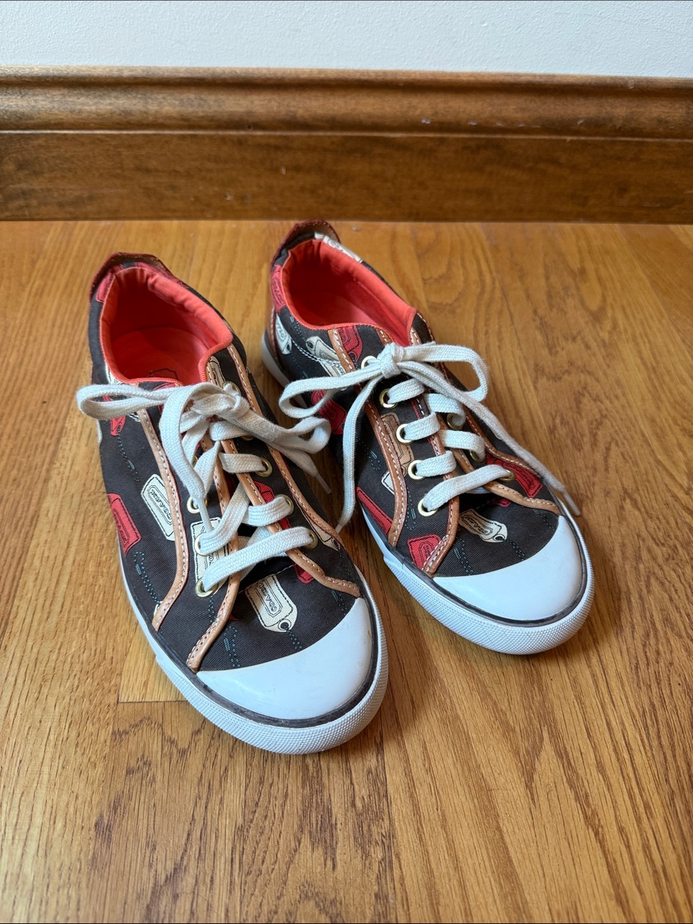 COACH Barrett Hangtag Print Sneakers Women 8M Brown Orange Canvas Leather A1064